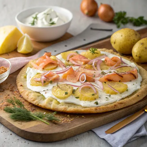 Herbstlicher Flammkuchen mit Wildlachs & Kartoffel