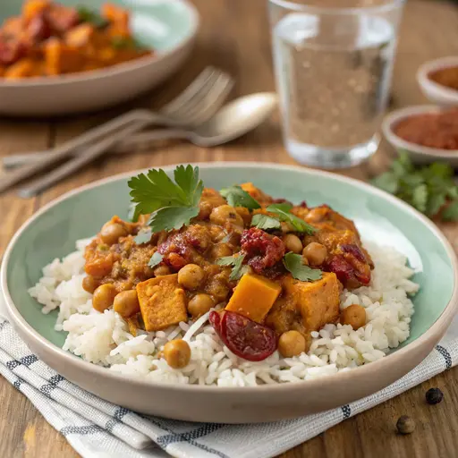 Veganes Erbsenprotein-Curry mit Süßkartoffeln