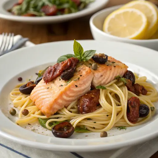 Mediterrane Pasta mit Lachs und Oliven
